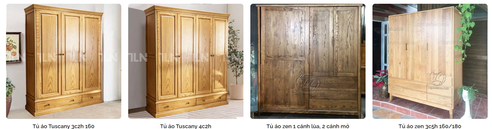 Các mẫu tủ quần áo gỗ sồi của Thái Lan Nam đa dạng về kiểu dáng: 3-4 cánh, 1.6-2m