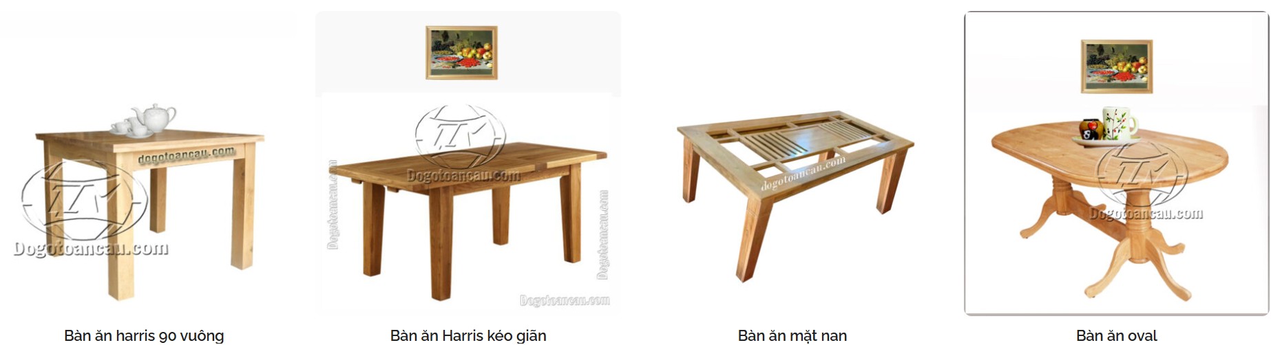 4 mẫu bàn ăn gỗ sồi của Dogotoancau.com gồm có bàn vuông, bàn chữ nhật, bàn kéo giãn, bàn oval